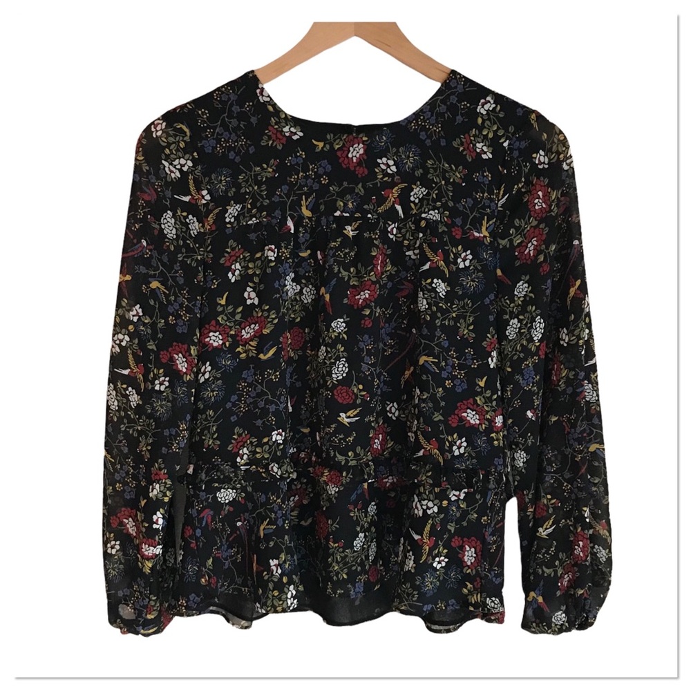 Madewell Ruffle Peplum Top In Finch Floral Black Red Multi Color Size XXS - Picture 2 of 9
